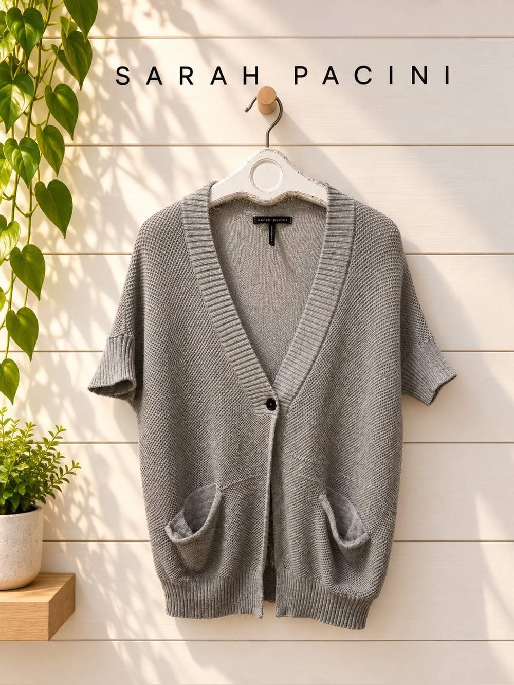 SARAH PACINI Gray Shimmer Knit Short Sleeve Cardigan One Size